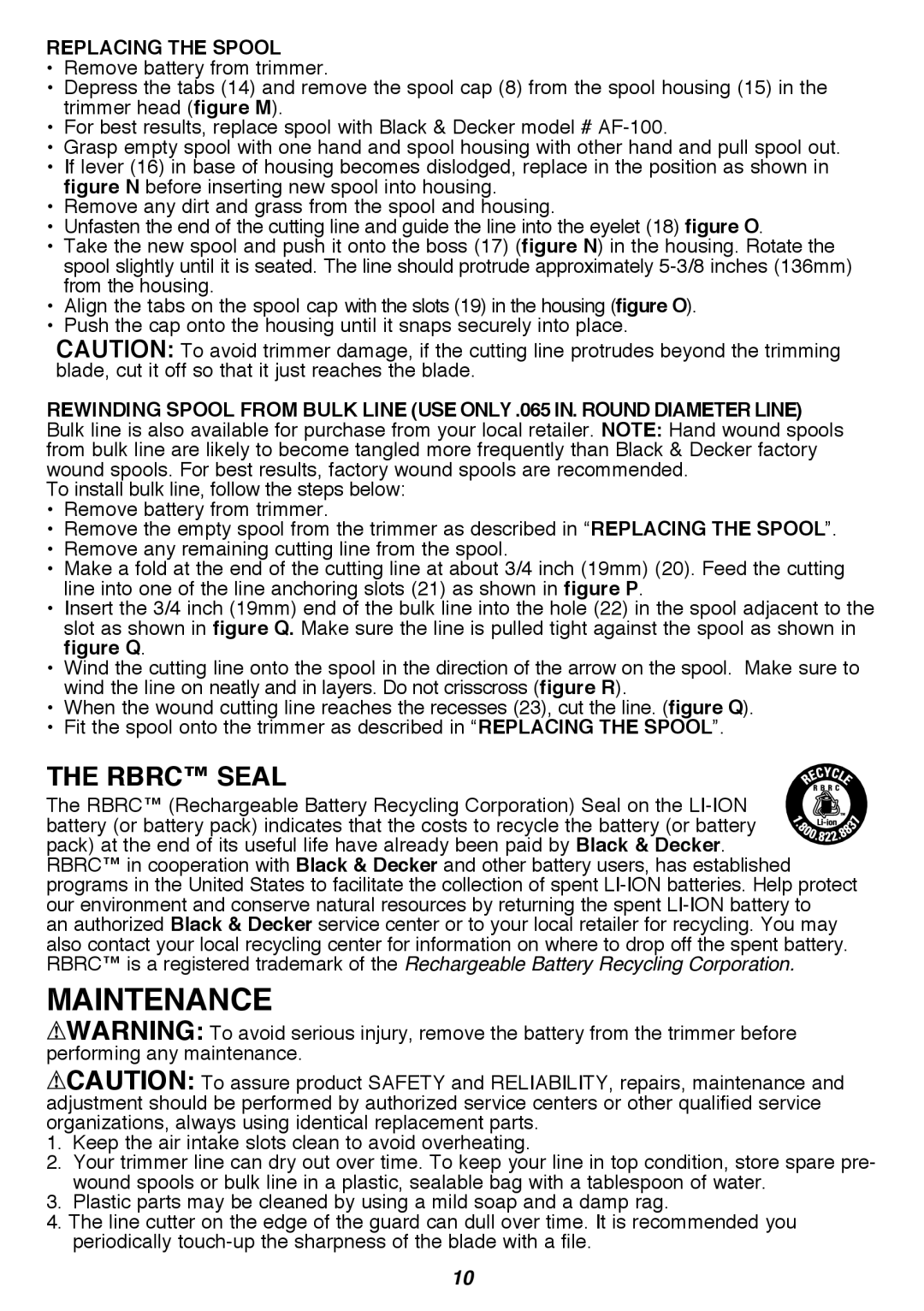 Black & Decker LST300R instruction manual Rbrc Seal, Replacing The Spool 